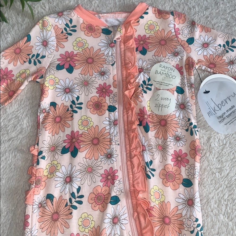 NWT Milkberry Orange Floral Footie Set 0-3M Bamboo w/ Headband - Picture 2 of 8